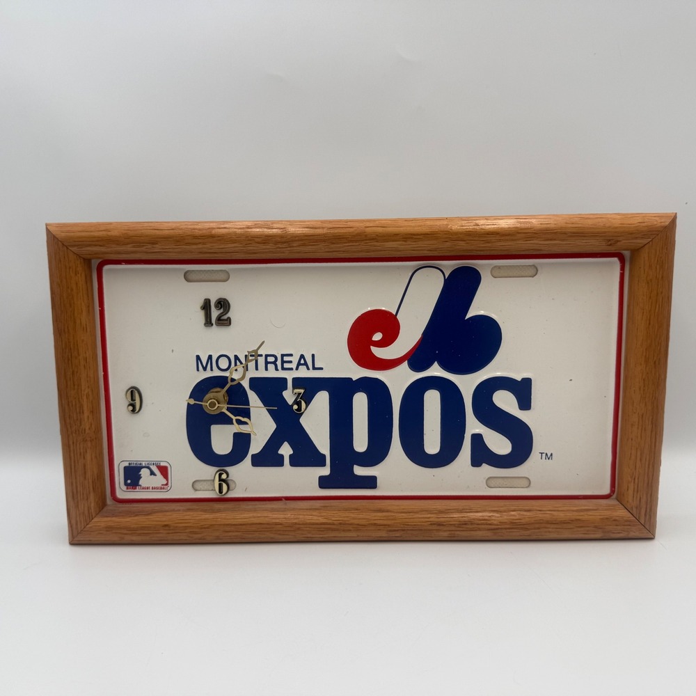 Vintage Montreal Expos MLB License Plate Wall Clock Oak Frame Timely Treasures